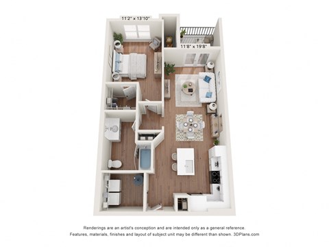 Floor plan for 1 bed, 1 bath, 886 sqft